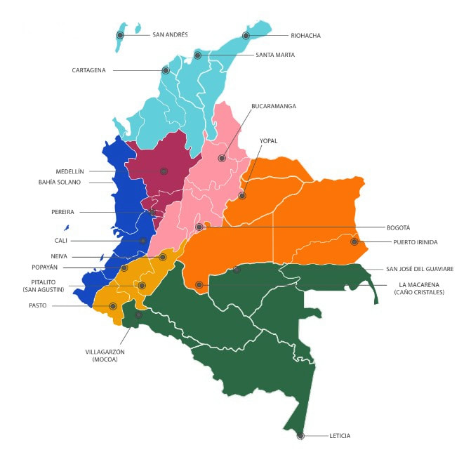 Colombia Map with major tourist cities